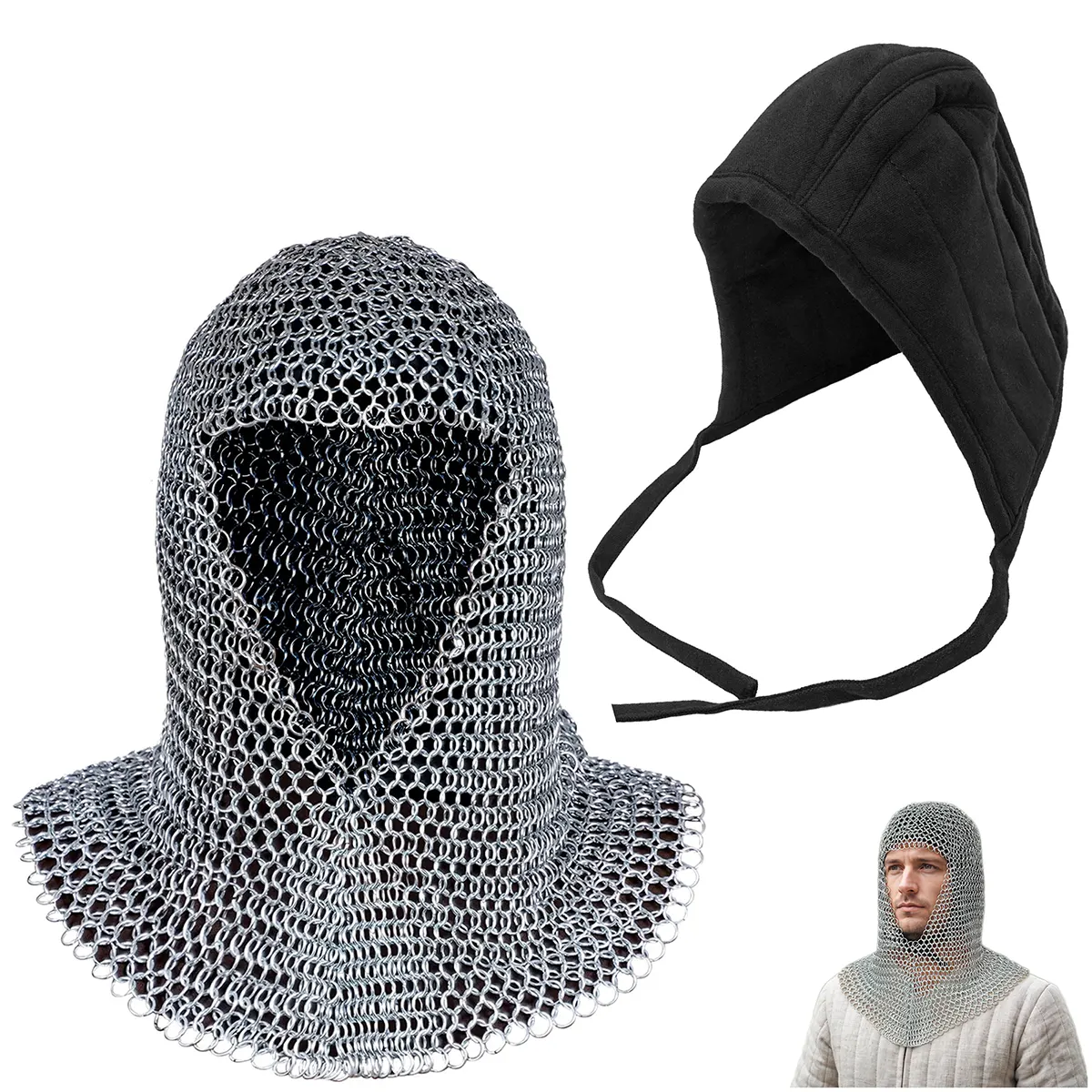 V face chainmail coif with arming cap