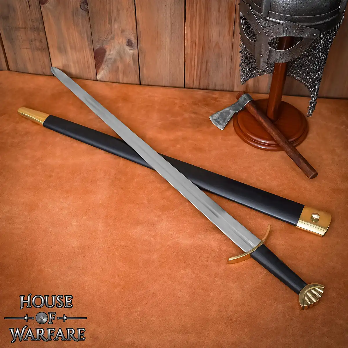 Hand-Forged Viking Sword with Brass Pommel & Leather Scabbard – Collector’s Display Sword - Image 2