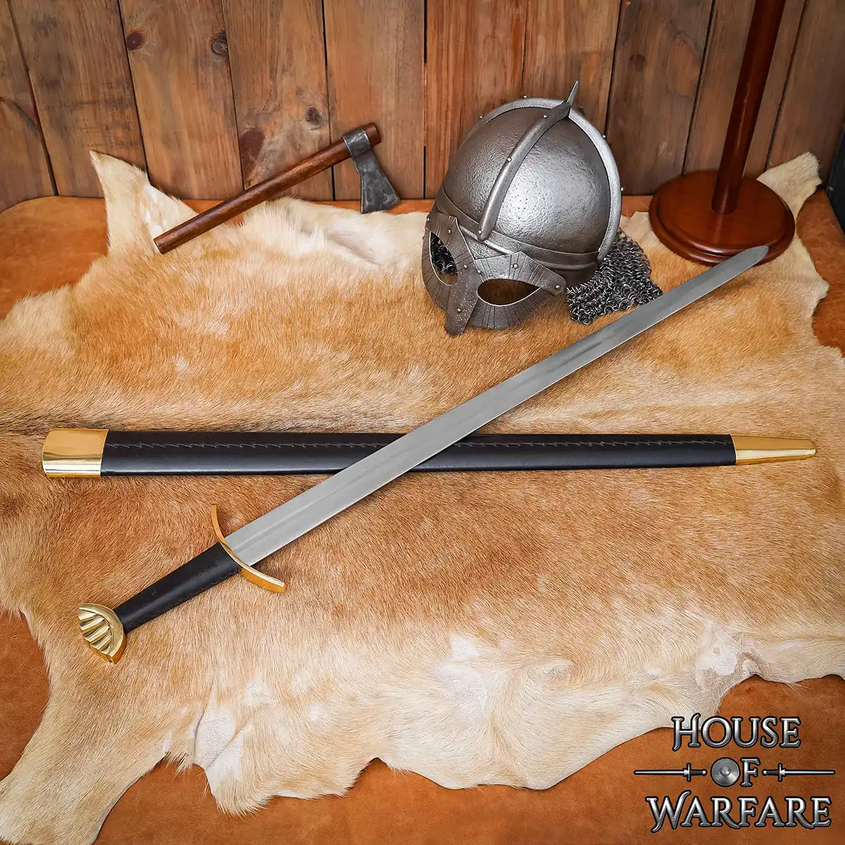 Hand-Forged Viking Sword with Brass Pommel & Leather Scabbard – Collector’s Display Sword - Image 6