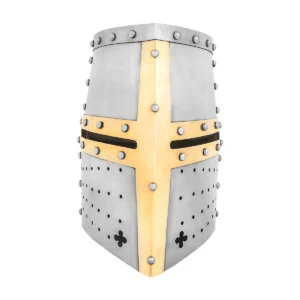 Crusader Knight Pot Helm Battle Ready with Brass Cross – 16 Gauge Steel Helmet
