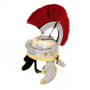 Traditionally Handcrafted 1st Century Roman Imperial Gallic Helmet with Red Crest – Polished Steel and Brass
