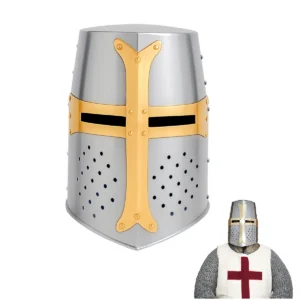 12th Century Brass Crusader Great Helmet 18 Gauge Steel with Brass Cross