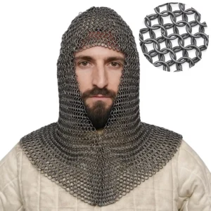 Medieval Chainmail Coif V-Face 16 G Spring Steel 9 mm Butted Rings