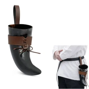 Medieval Drinking Horn with Leather Holder - Viking Ox Horn Cup