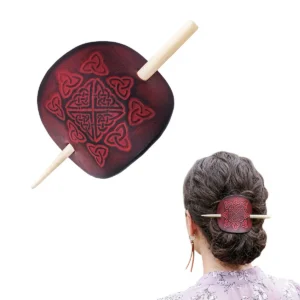 Genuine Leather Hair Brooch with Celtic Engraving & Bone Pin – Elegant Medieval-Inspired Hair Accessory